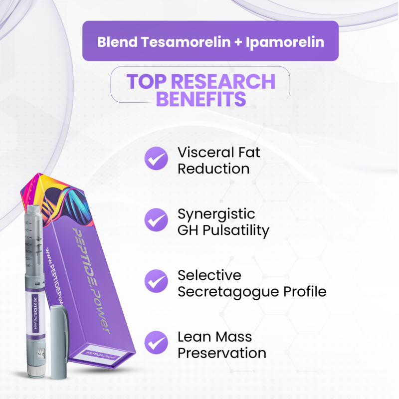 Blend Tesamorelin + Ipamorelin - Visceral Fat Reduction, Synergistic GH Pulsatility, Selective Secretagogue Profile, Lean Mass Preservation
